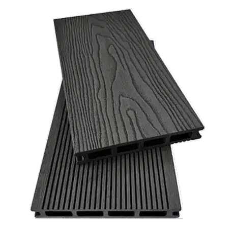 Charcoal grey wood grain style decking.