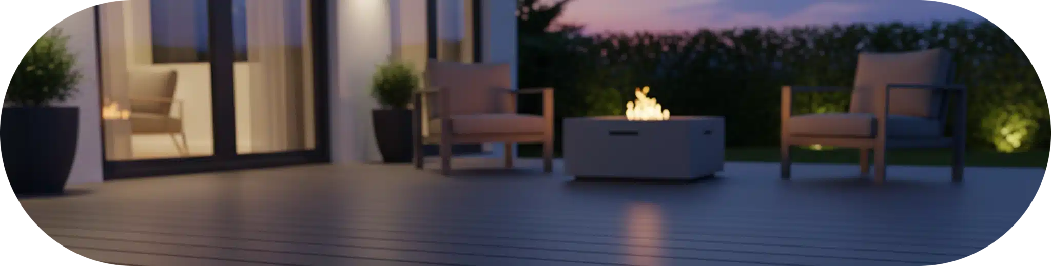 Banner of Modern home deck with comfortable seating arranged around a glowing fire pit in a serene setting.