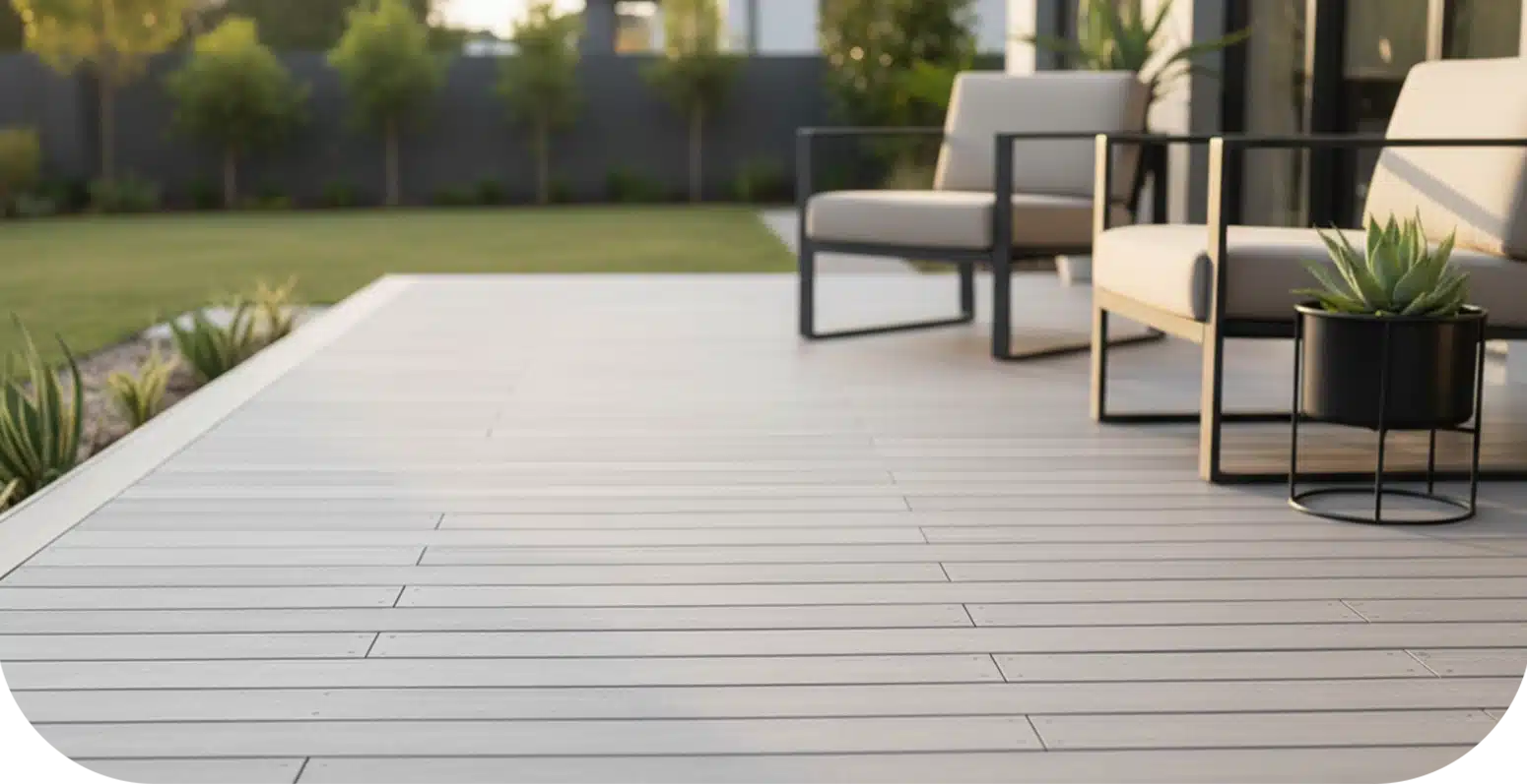 Hero image of Modern outdoor patio with light grey composite decking boards and minimalist outdoor furniture.