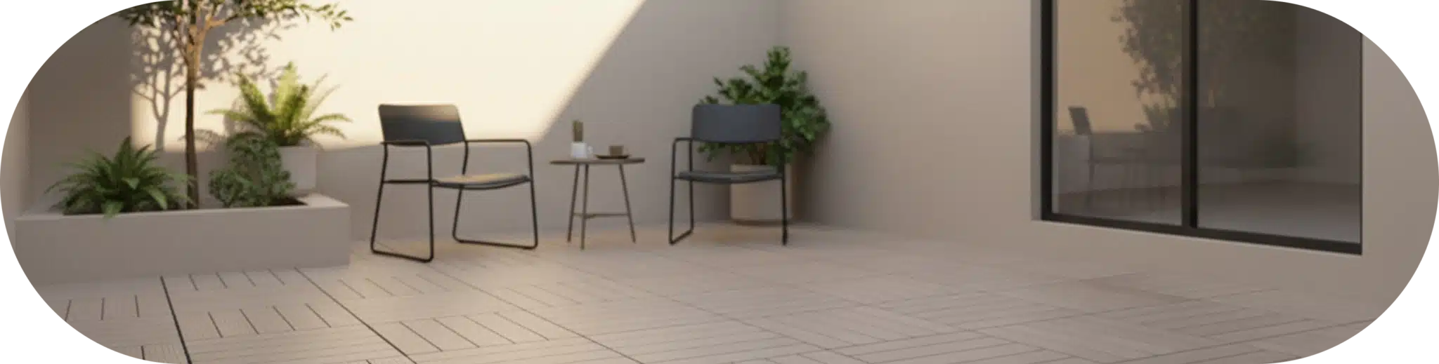 Modern outdoor patio with composite decking tiles, minimalist furniture, and potted plants.