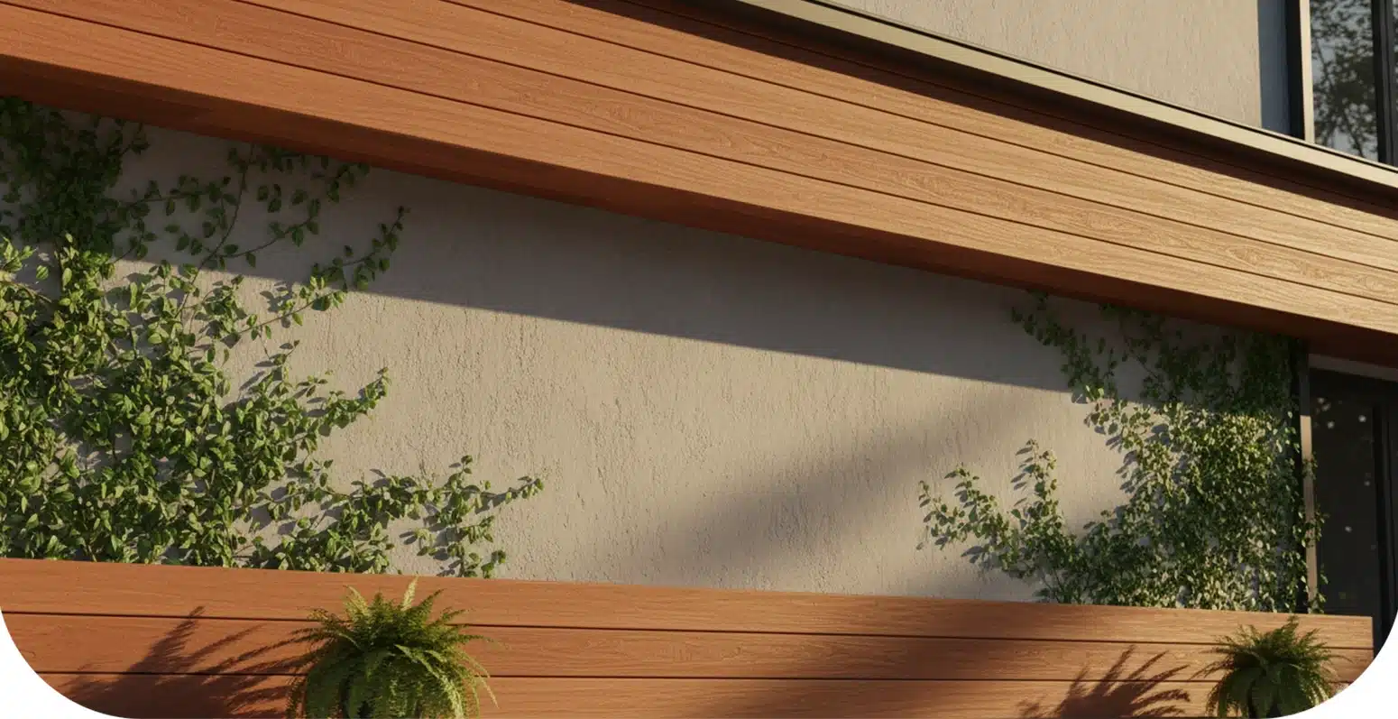Exterior of a building with a wooden deck and ultra fascia boards, surrounded by potted plants and greenery