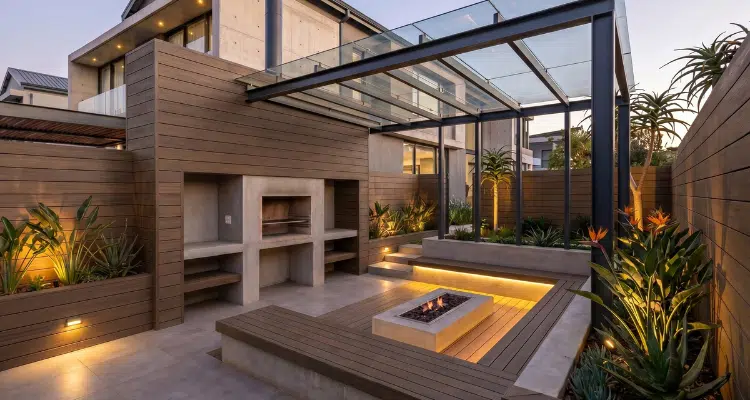 Outside area of a house with a fire pit surrounded by composite decking and a built-in braai with composite wall cladding on the wall surrounding said braai.